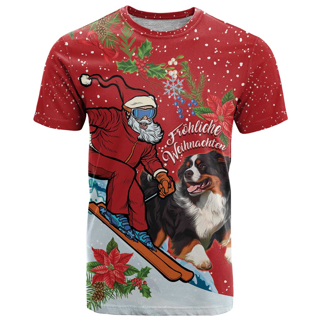 Red Christmas T-shirt with Santa, Greater Swiss Mountain Dog and snowy ornament graphic
