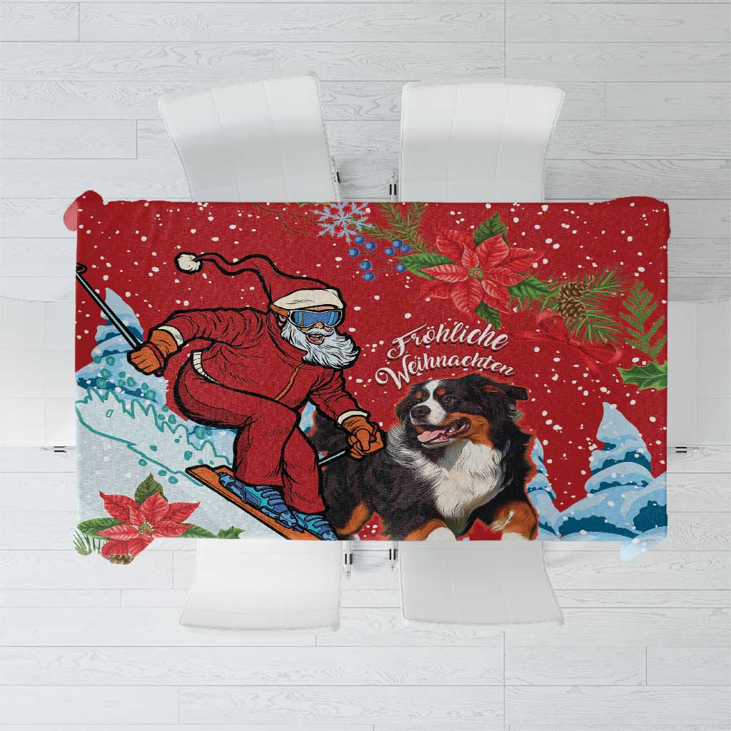 Christmas tablecloth with red border, snowy scene, Santa and Greater Swiss Mountain Dog