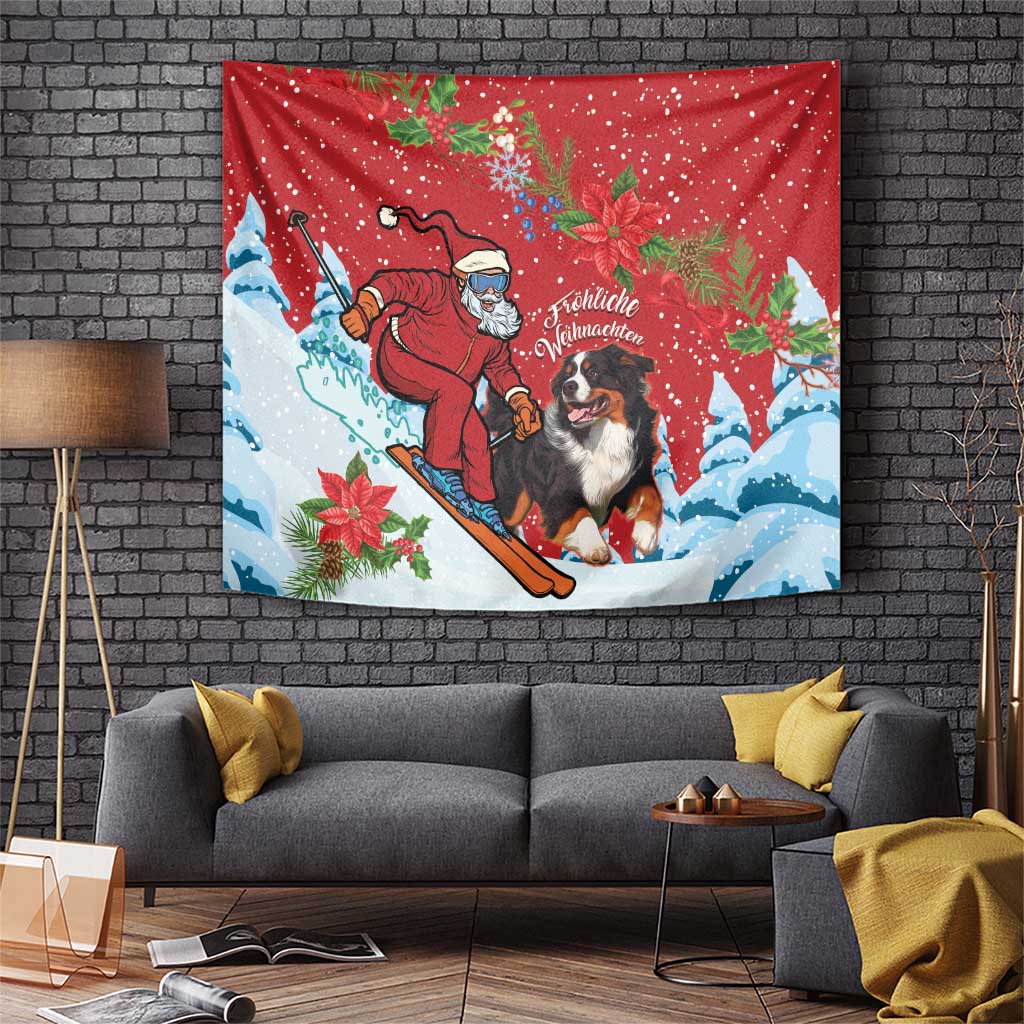 Red Christmas tapestry with Santa and Greater Swiss Mountain Dog, sled and poinsettias