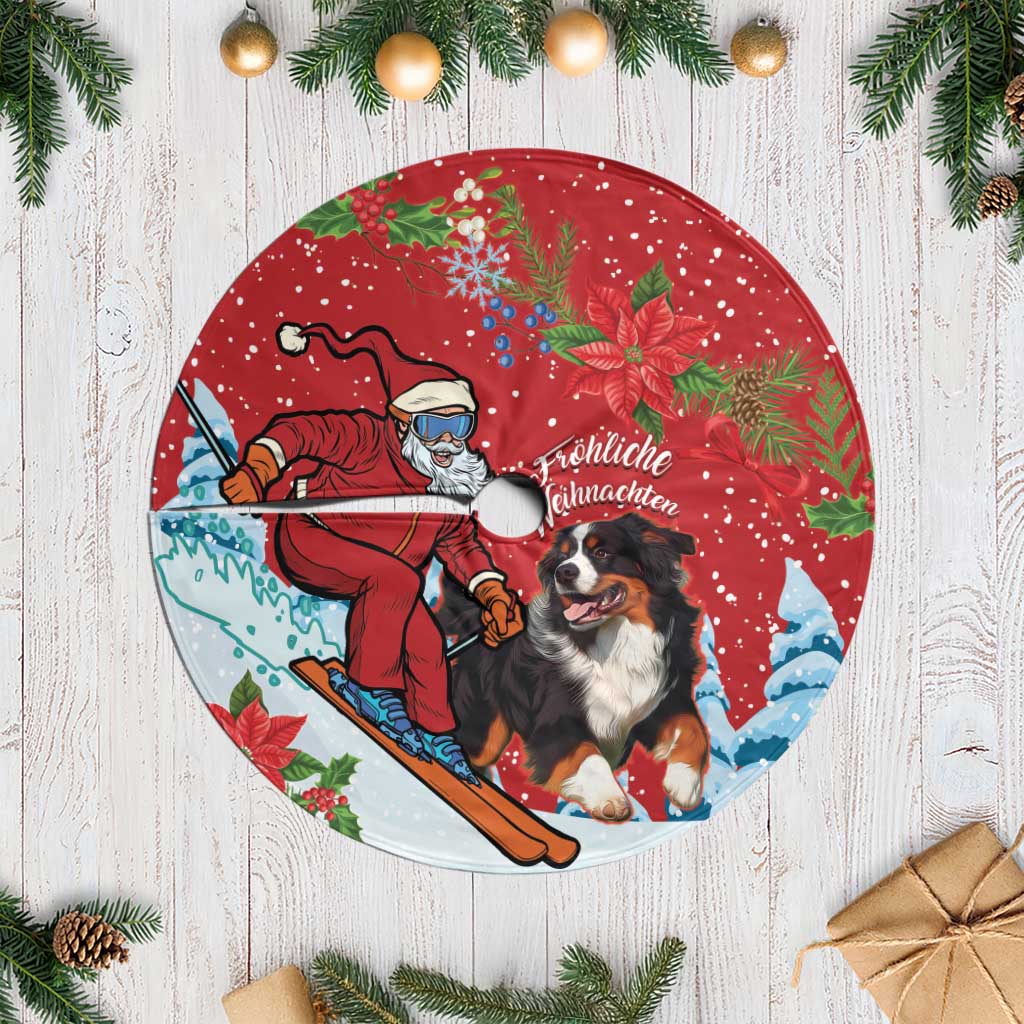 Red circular Christmas tree skirt with dog-and-ski scene, patterned center