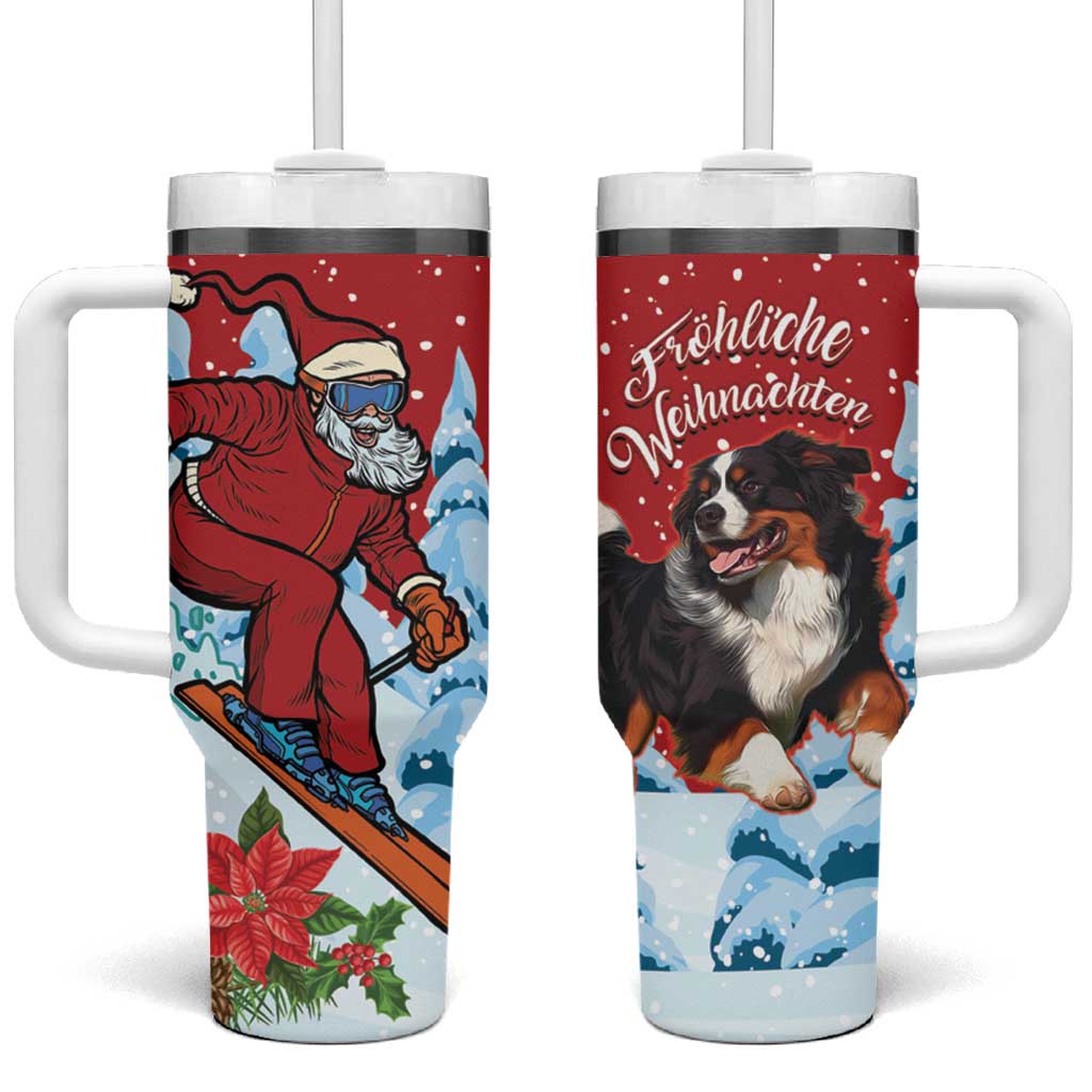 Red Christmas tumbler with handle, straw lid; Santa and Bernese mountain dog artwork