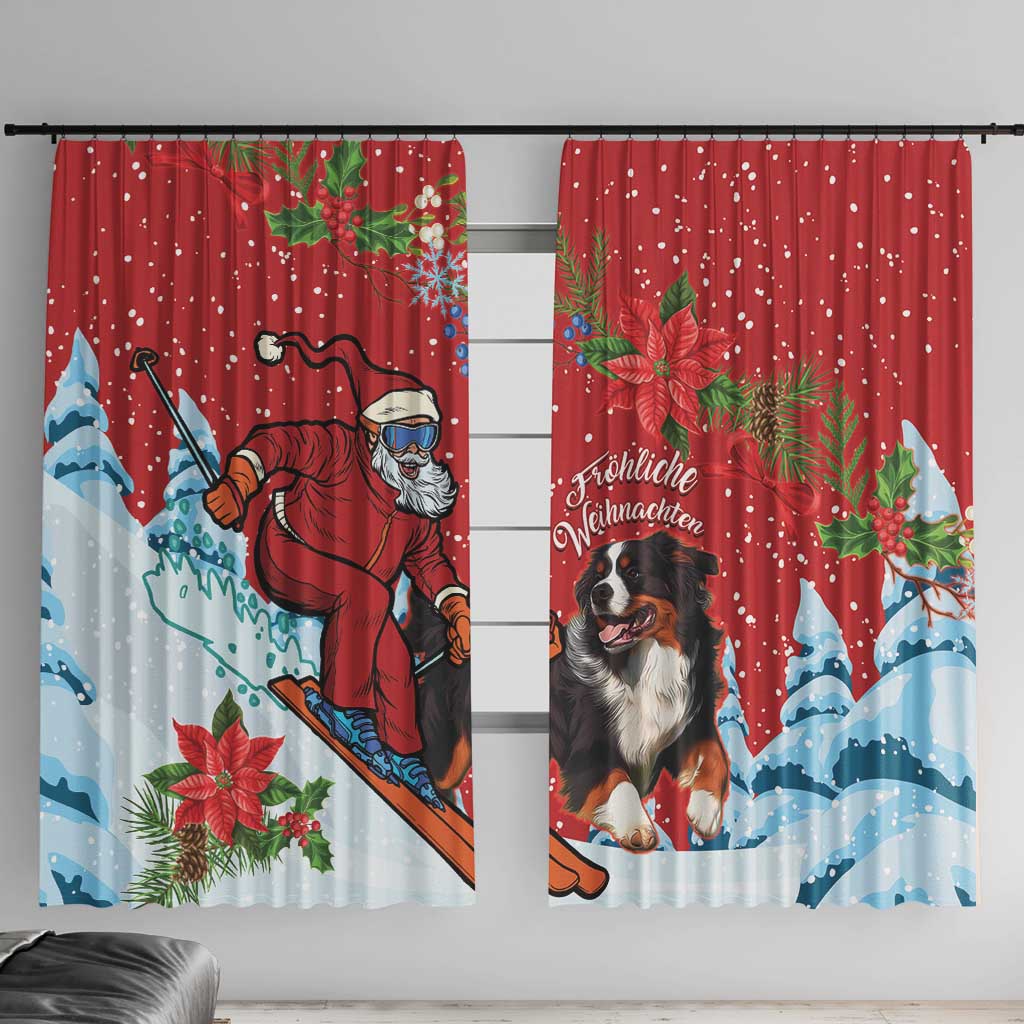 Red window curtain panels with Santa and Greater Swiss Mountain Dog print, holly and snowflakes.