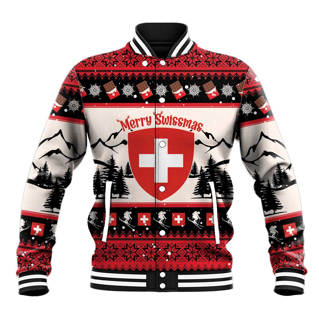 Red Swiss-themed baseball jacket with shield graphic, mountains, trees, and ribbed trim
