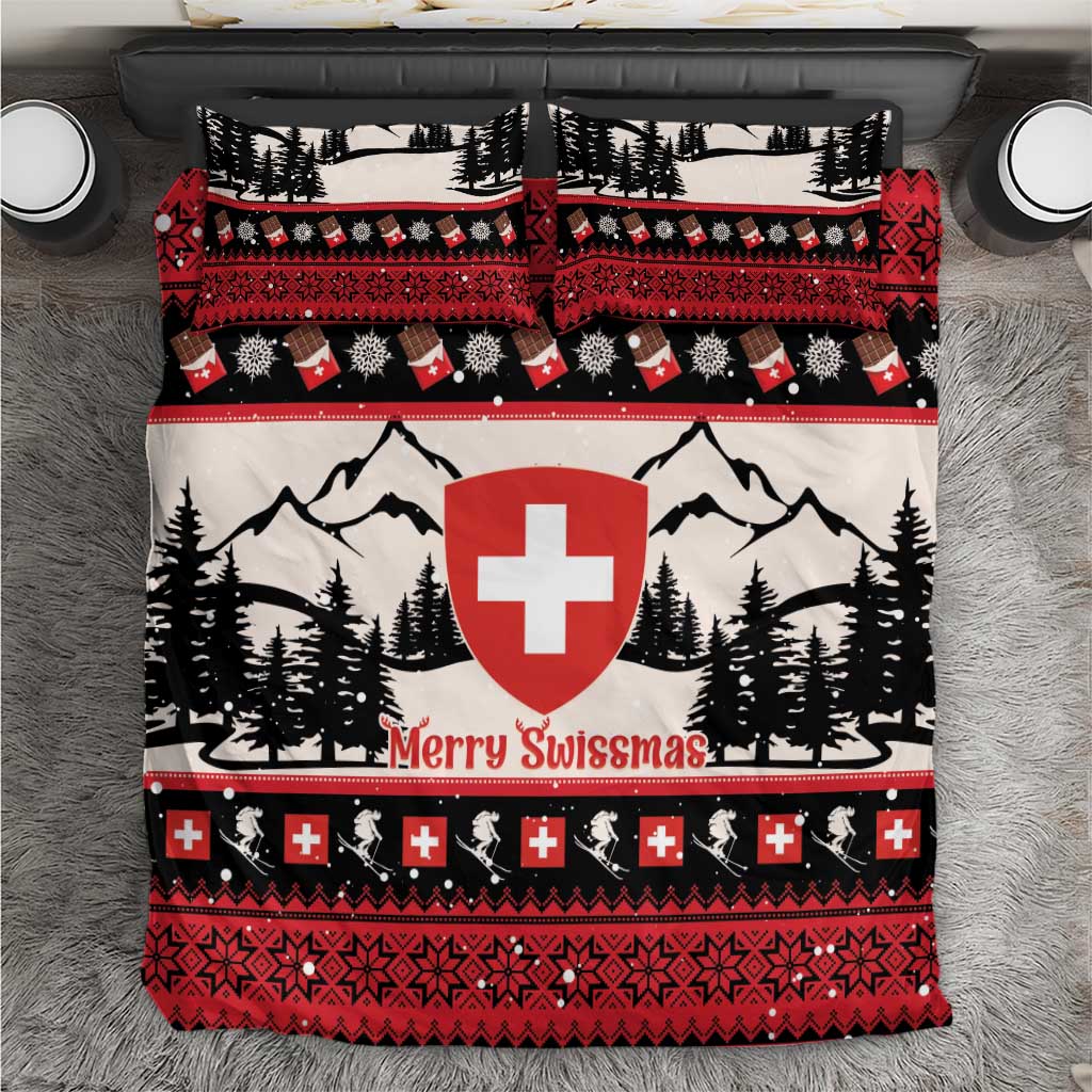 Swiss Christmas bedding set with red, black, and white Swiss cross and “Merry Swissmas”