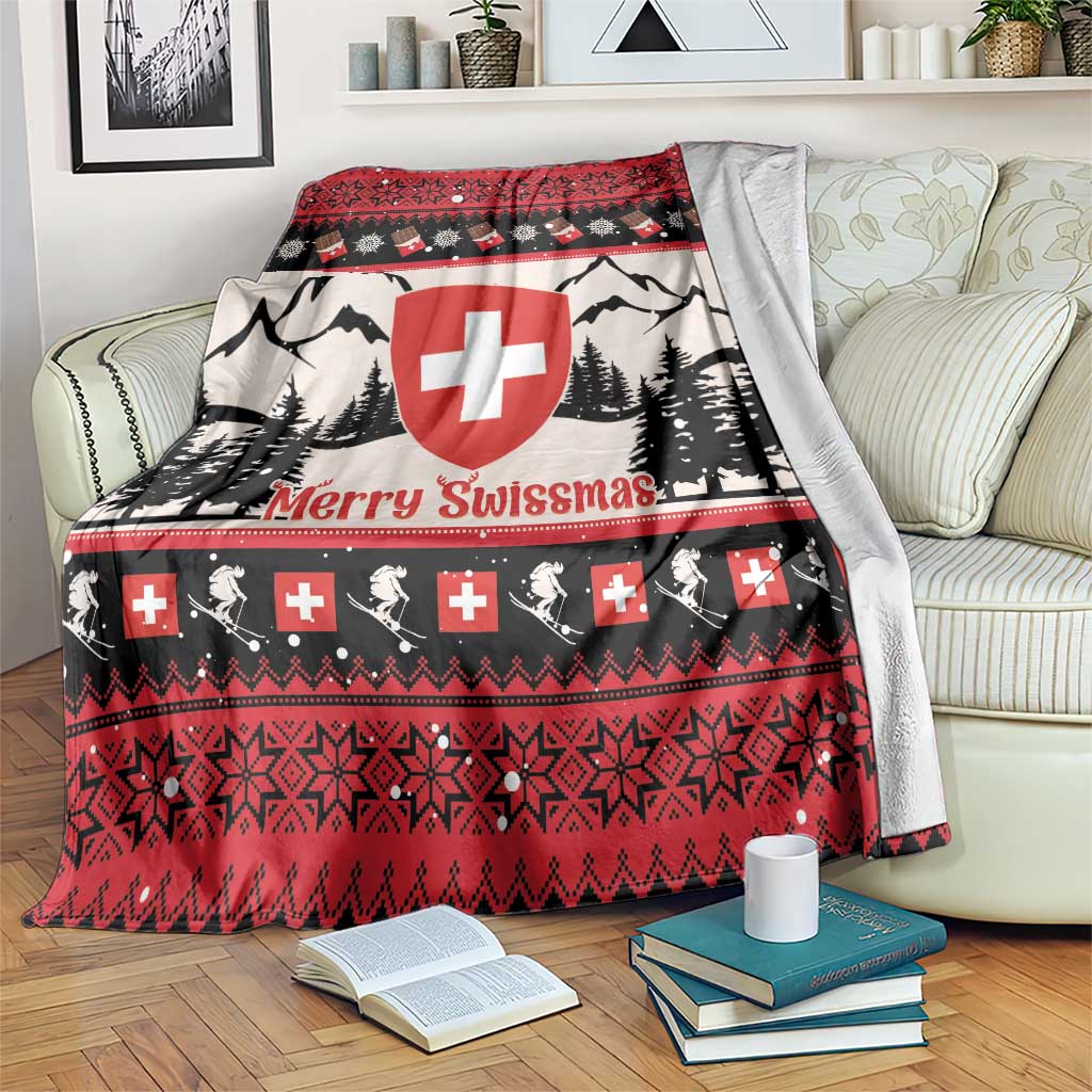 Swiss Christmas blanket with red cross shield, black trees, and Merry Swissmas border