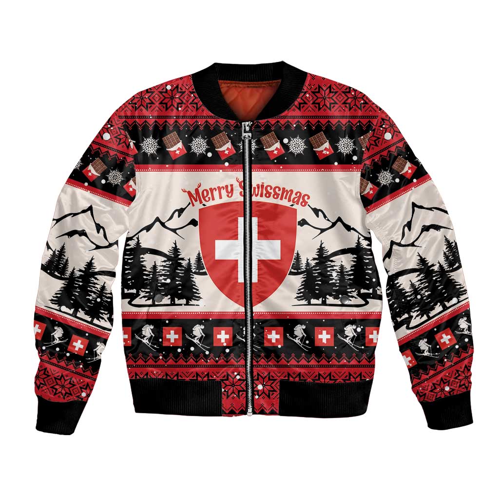 Switzerland Christmas Bomber Jacket Merry Swissmas - Coat Of Arms Style - Wonder Print Shop