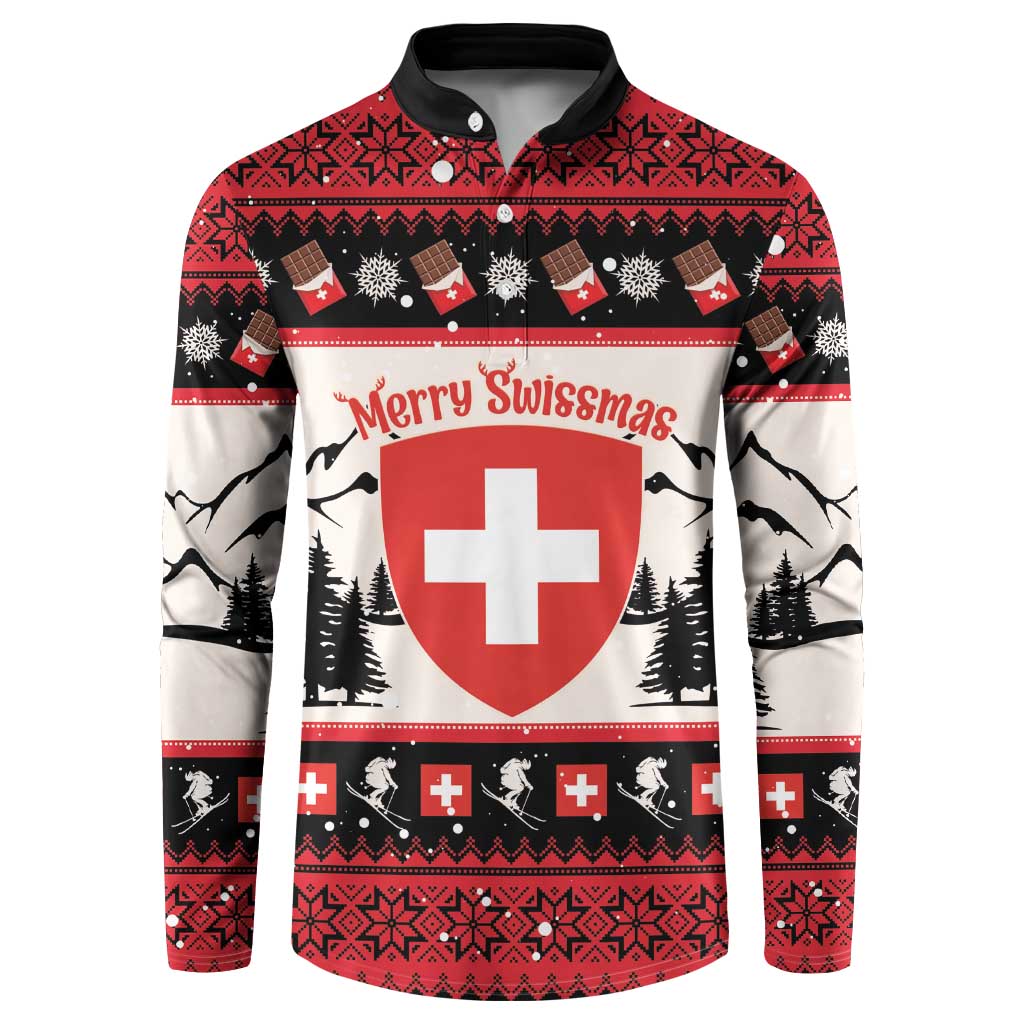 Red button-front Christmas sweatshirt with Swiss shield graphic and Merry Swissmas