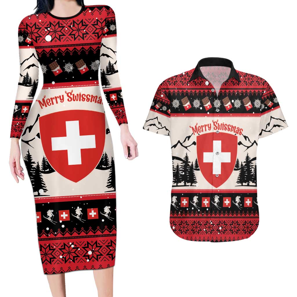 Switzerland Christmas Couples Matching Long Sleeve Bodycon Dress and Hawaiian Shirt Merry Swissmas - Coat Of Arms Style - Wonder Print Shop