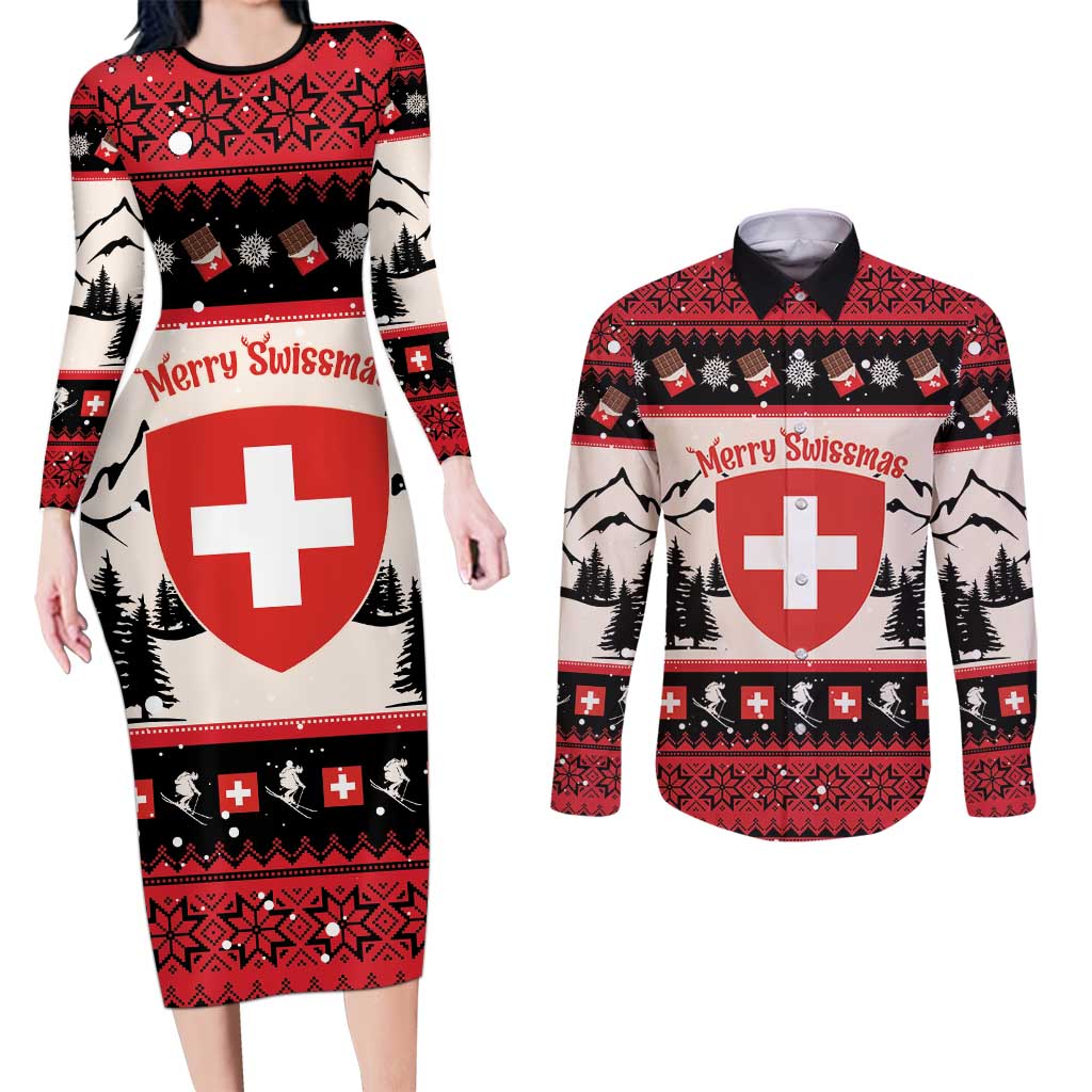 Switzerland Christmas Couples Matching Long Sleeve Bodycon Dress and Long Sleeve Button Shirt Merry Swissmas - Coat Of Arms Style - Wonder Print Shop