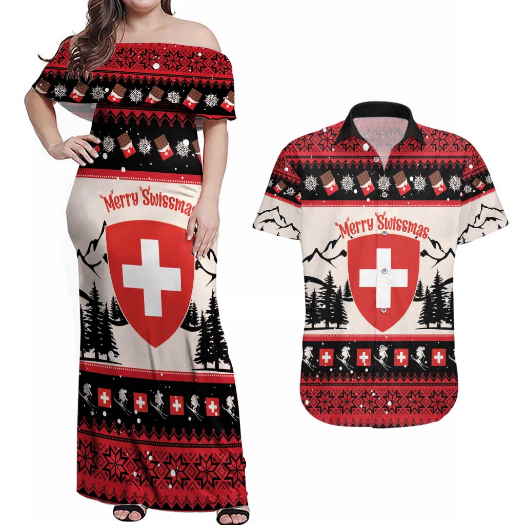 Switzerland Christmas Couples Matching Off Shoulder Maxi Dress and Hawaiian Shirt Merry Swissmas - Coat Of Arms Style - Wonder Print Shop