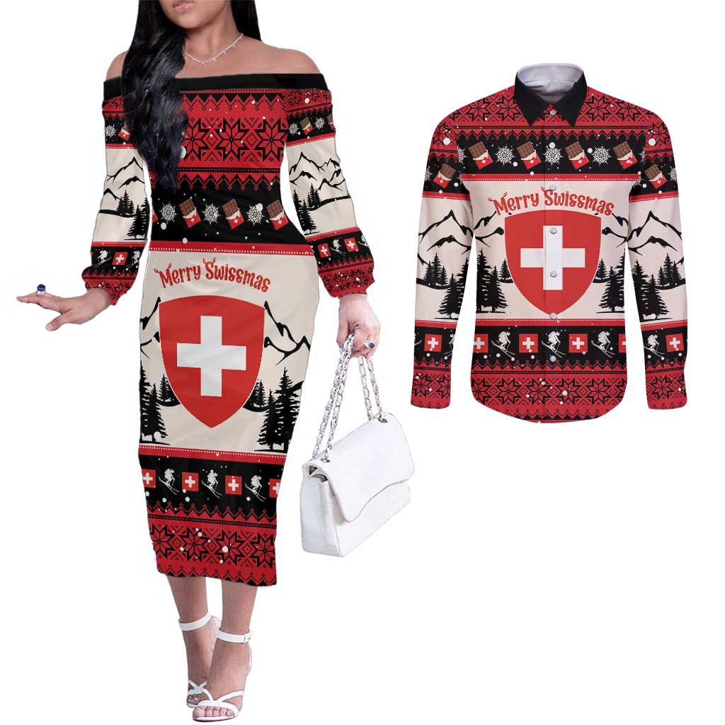 Switzerland Christmas Couples Matching Off The Shoulder Long Sleeve Dress and Long Sleeve Button Shirt Merry Swissmas - Coat Of Arms Style