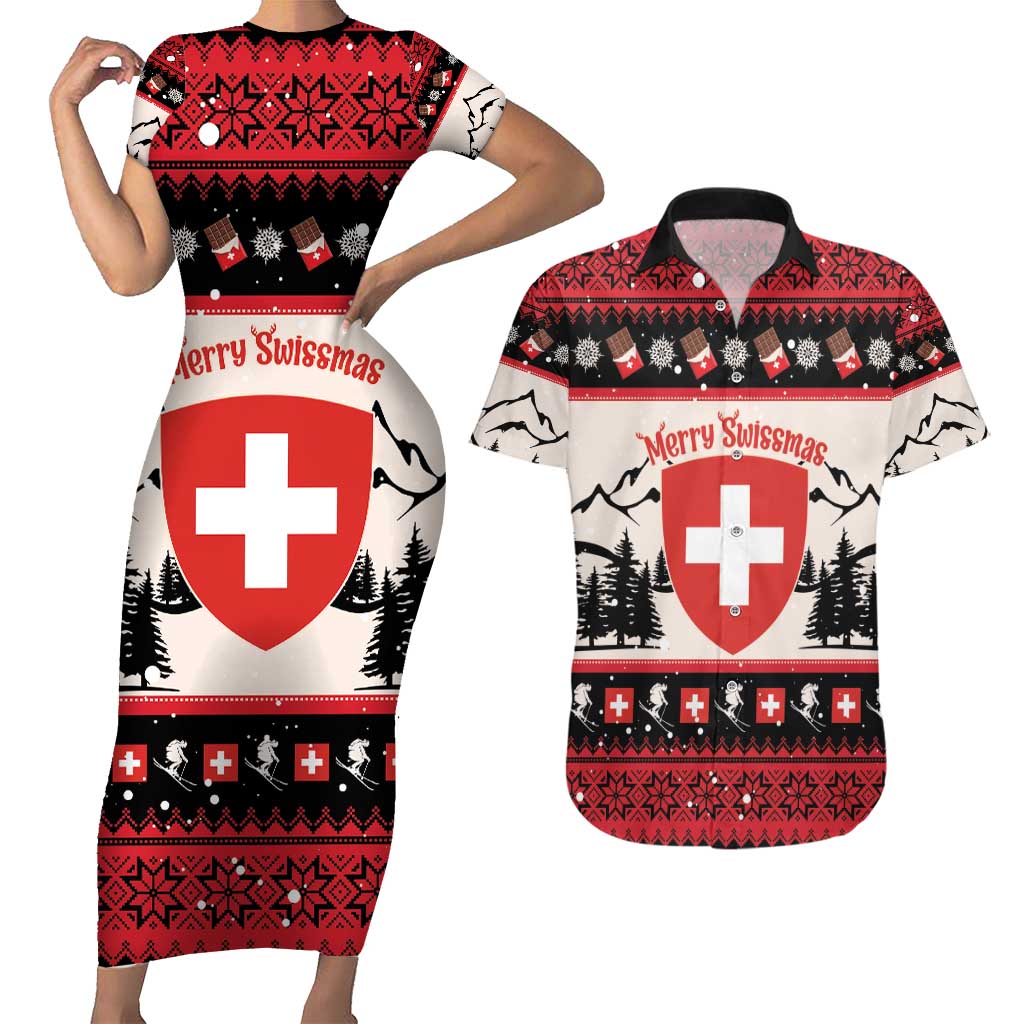 Switzerland Christmas Couples Matching Short Sleeve Bodycon Dress and Hawaiian Shirt Merry Swissmas - Coat Of Arms Style - Wonder Print Shop