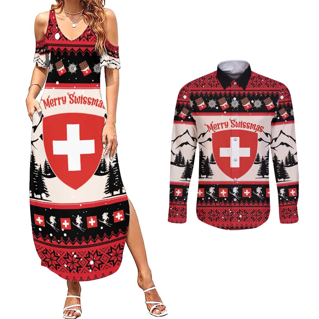 Switzerland Christmas Couples Matching Summer Maxi Dress and Long Sleeve Button Shirt Merry Swissmas - Coat Of Arms Style - Wonder Print Shop