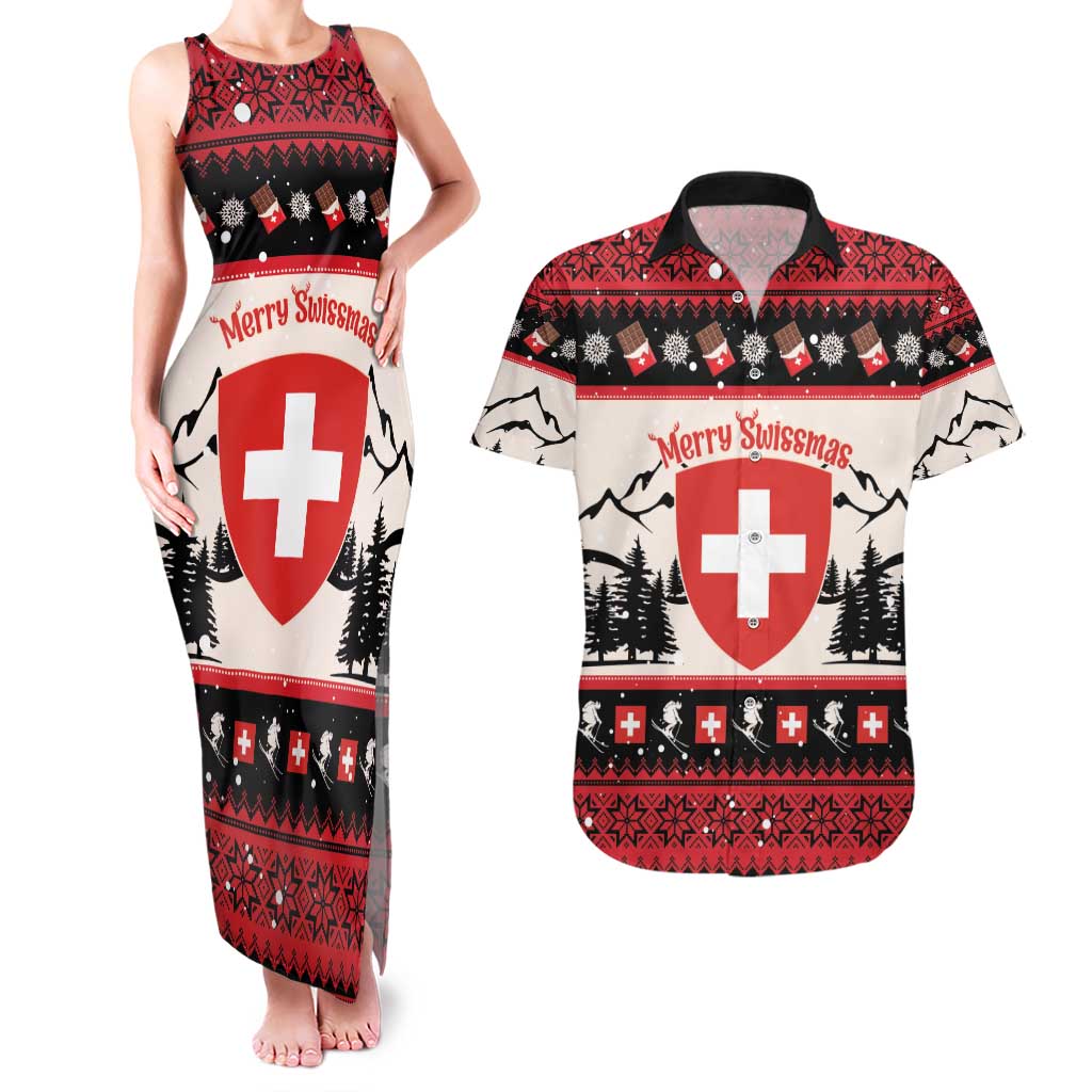 Switzerland Christmas Couples Matching Tank Maxi Dress and Hawaiian Shirt Merry Swissmas - Coat Of Arms Style - Wonder Print Shop