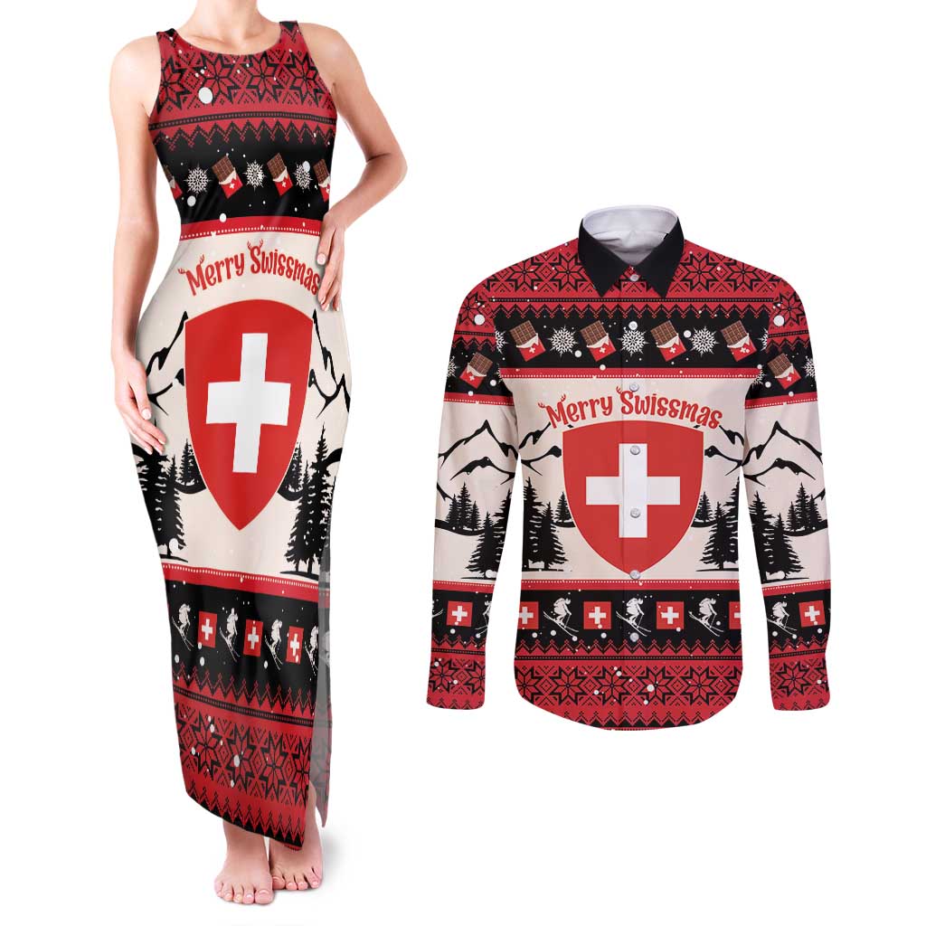 Switzerland Christmas Couples Matching Tank Maxi Dress and Long Sleeve Button Shirt Merry Swissmas - Coat Of Arms Style - Wonder Print Shop