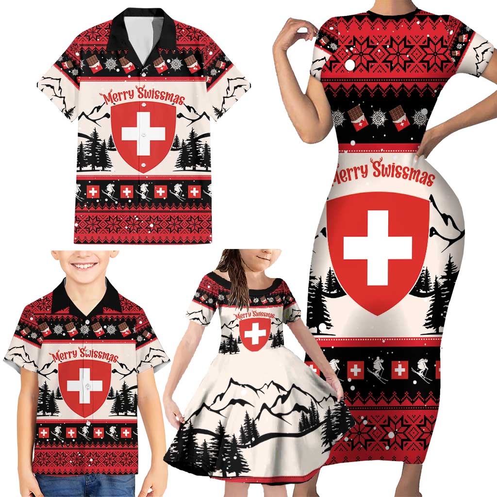 Switzerland Christmas Family Matching Short Sleeve Bodycon Dress and Hawaiian Shirt Merry Swissmas - Coat Of Arms Style - Wonder Print Shop