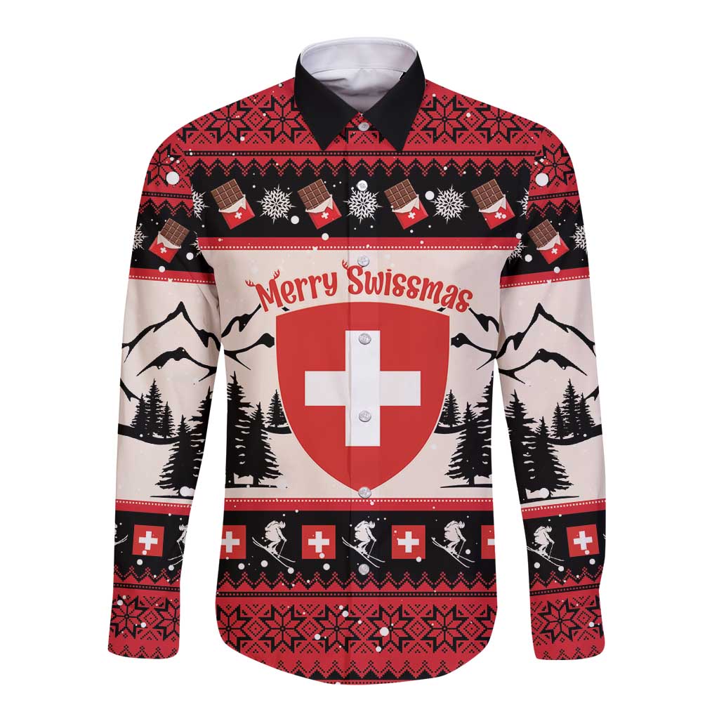 Red long-sleeve button shirt with Swiss coat of arms, 'Merry Swissmas' graphic