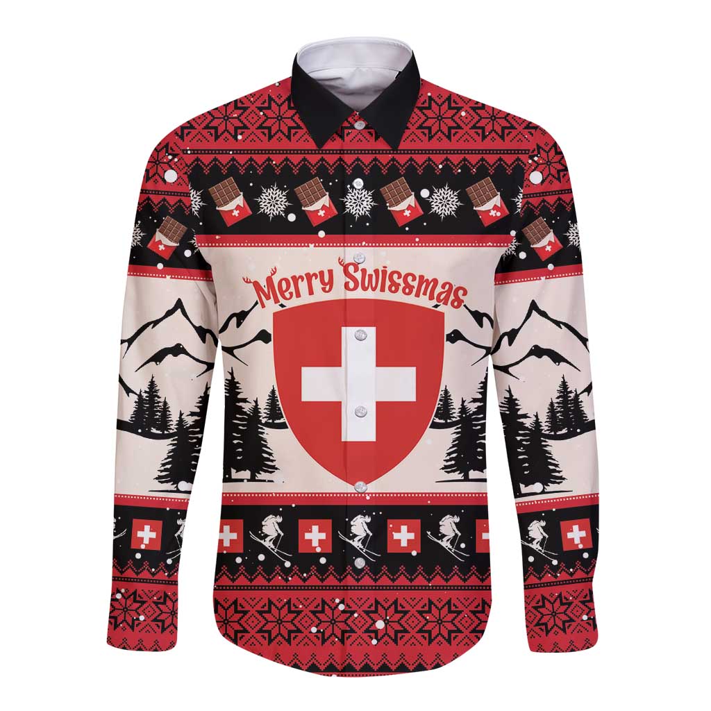 Switzerland Christmas Long Sleeve Button Shirt Merry Swissmas - Coat Of Arms Style - Wonder Print Shop