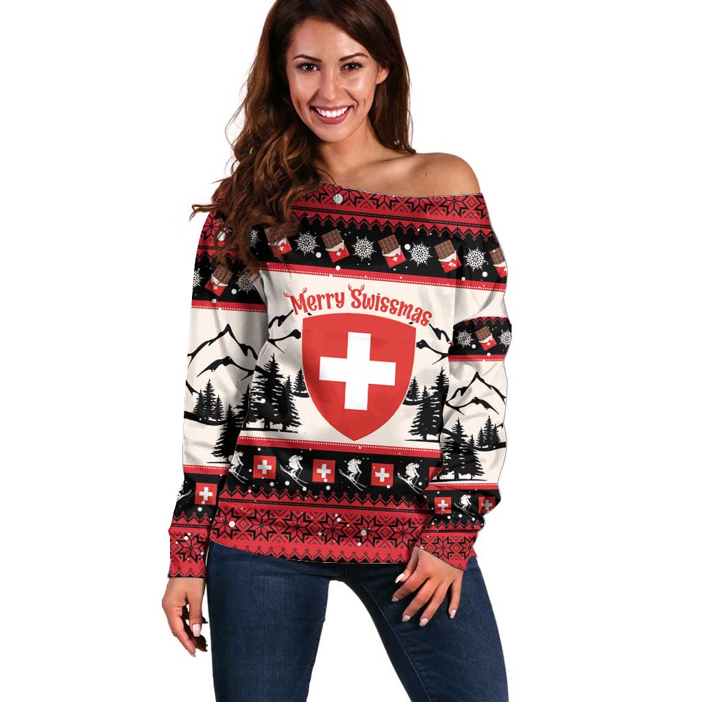 Switzerland Christmas Off Shoulder Sweater Merry Swissmas - Coat Of Arms Style - Wonder Print Shop