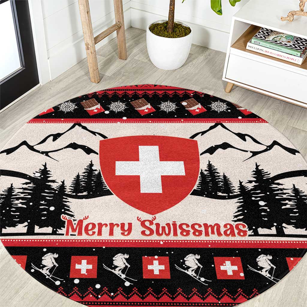 Round Christmas rug with Swiss cross, mountains and pine trees, red black and white