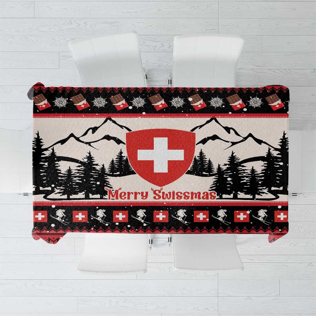 Red and black Swiss Christmas tablecloth with cross coat-of-arms, mountain and pine print