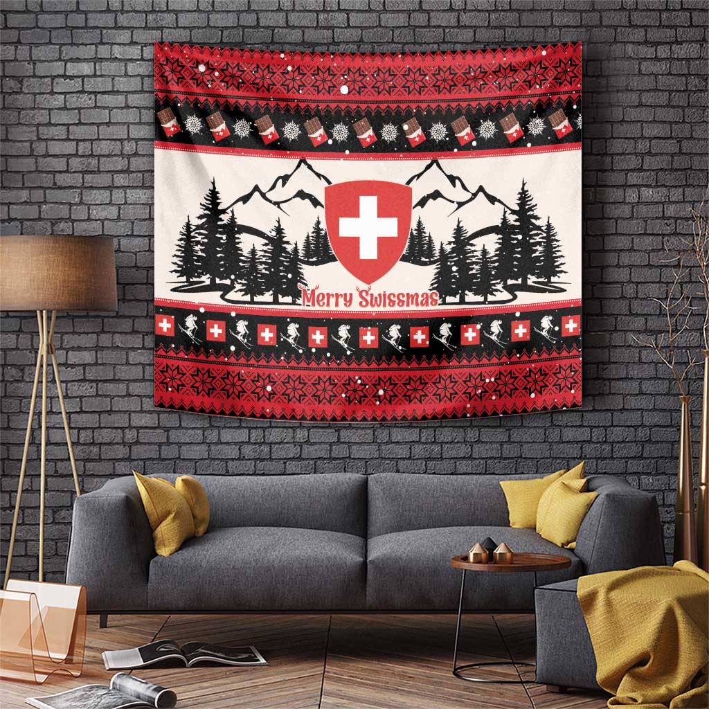 Red and white Swiss-themed Christmas tapestry with Swiss cross, mountains, and pine trees