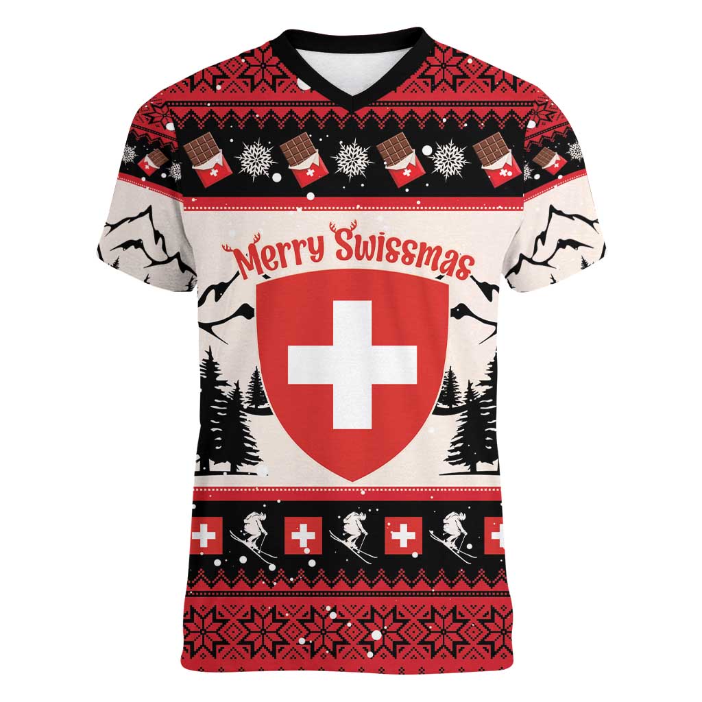 Switzerland Christmas Women V-Neck T-Shirt Merry Swissmas - Coat Of Arms Style