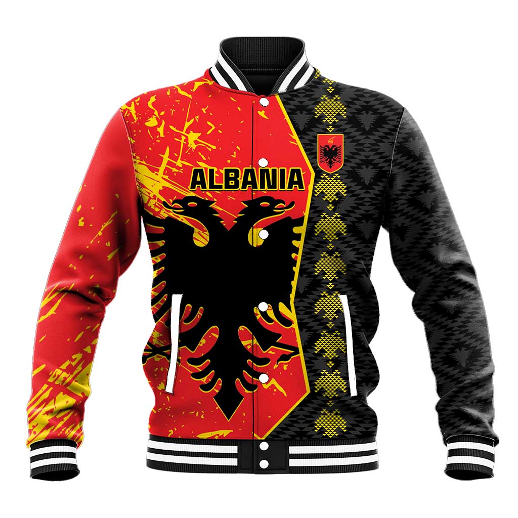 Red, black and yellow baseball jacket with striped collar and bold Albania graphic front
