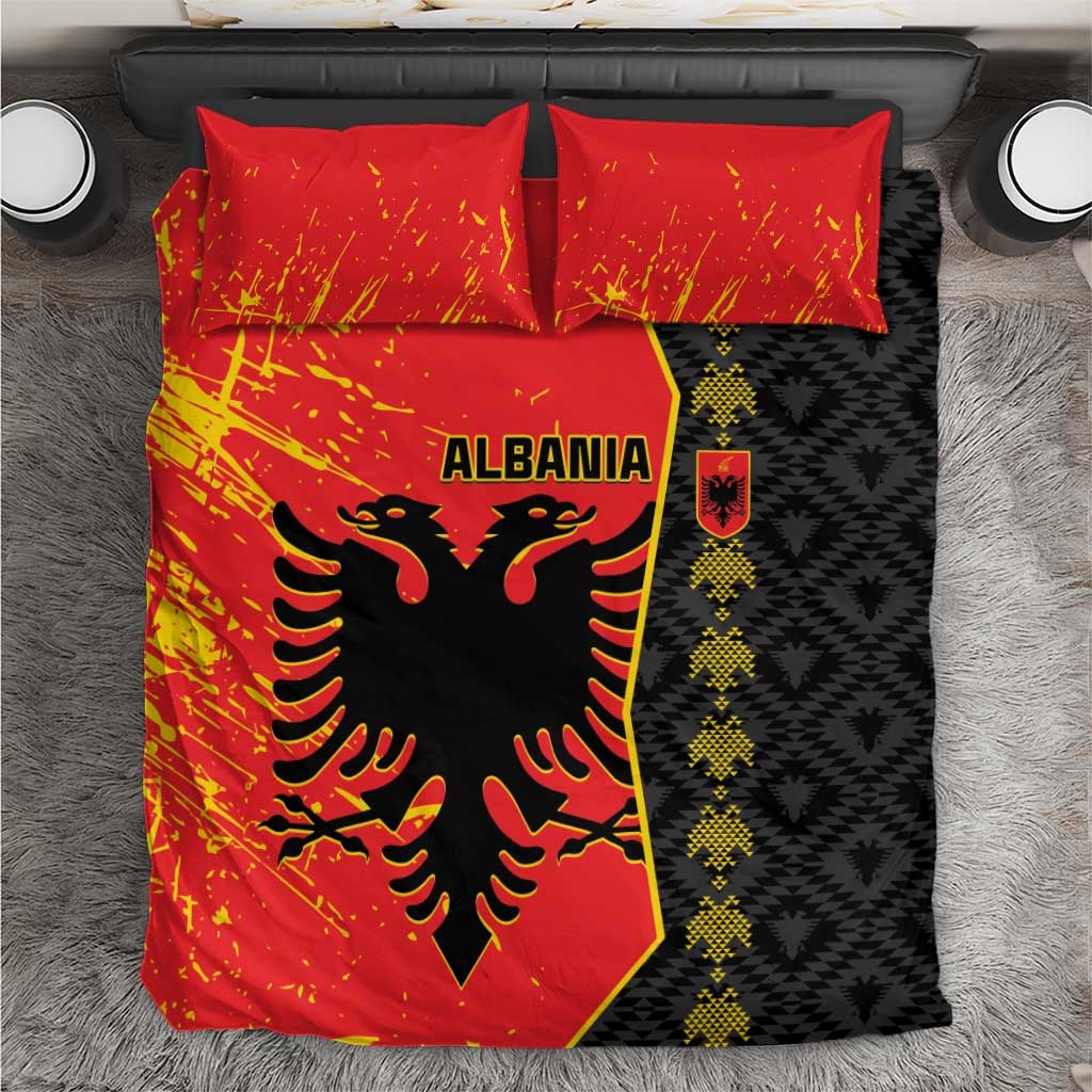 Albania flag-themed bedding set with red and black eagle design, two matching pillowcases
