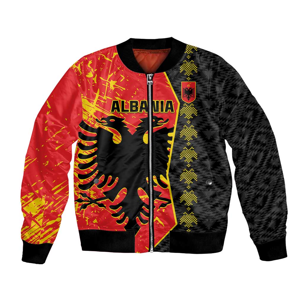 Red and black unisex bomber jacket with yellow graphic, front zipper, ribbed cuffs