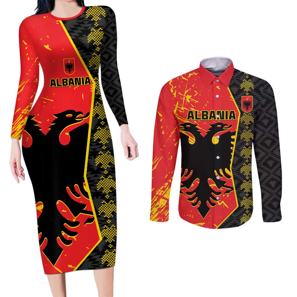 Albania Independence Day Couples Matching Long Sleeve Bodycon Dress and Long Sleeve Button Shirt Albanian Proud - Flag Color - Wonder Print Shop