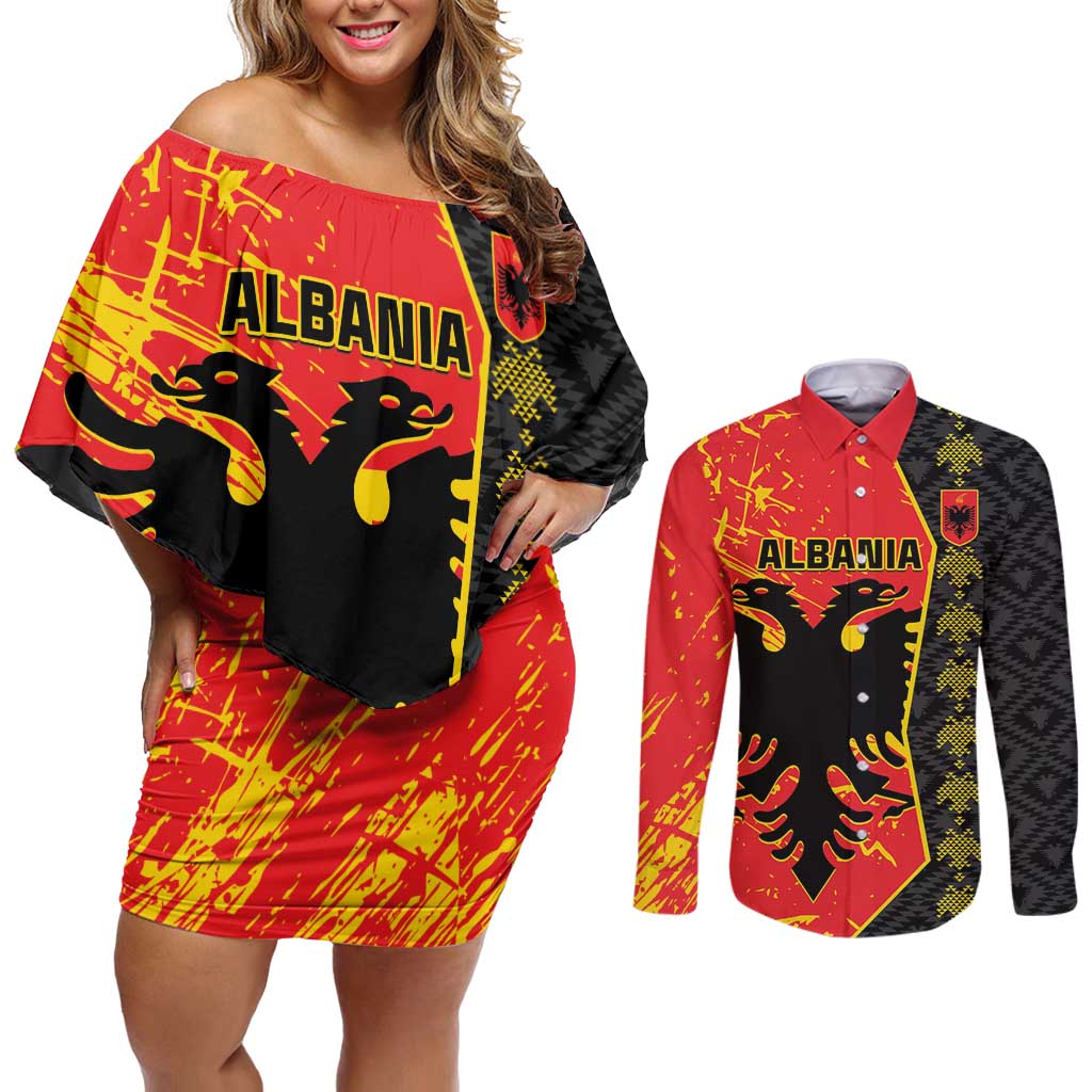 Albania Independence Day Couples Matching Off Shoulder Short Dress and Long Sleeve Button Shirt Albanian Proud - Flag Color - Wonder Print Shop