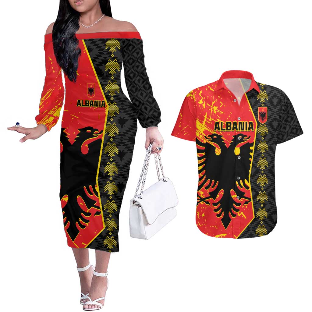 Albania Independence Day Couples Matching Off The Shoulder Long Sleeve Dress and Hawaiian Shirt Albanian Proud - Flag Color - Wonder Print Shop