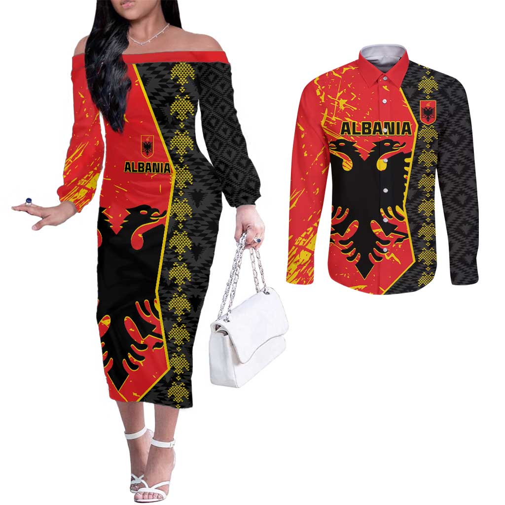 Albania Independence Day Couples Matching Off The Shoulder Long Sleeve Dress and Long Sleeve Button Shirt Albanian Proud - Flag Color