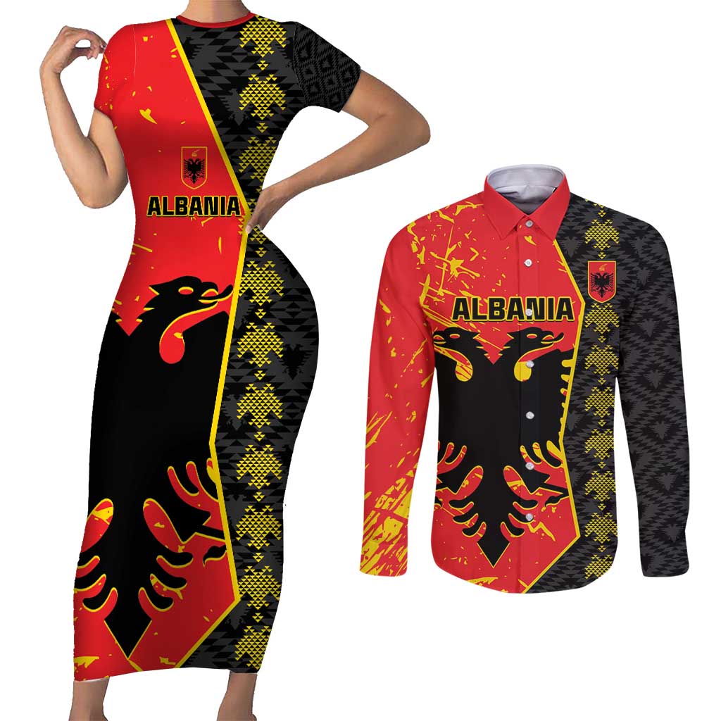 Albania Independence Day Couples Matching Short Sleeve Bodycon Dress and Long Sleeve Button Shirt Albanian Proud - Flag Color - Wonder Print Shop