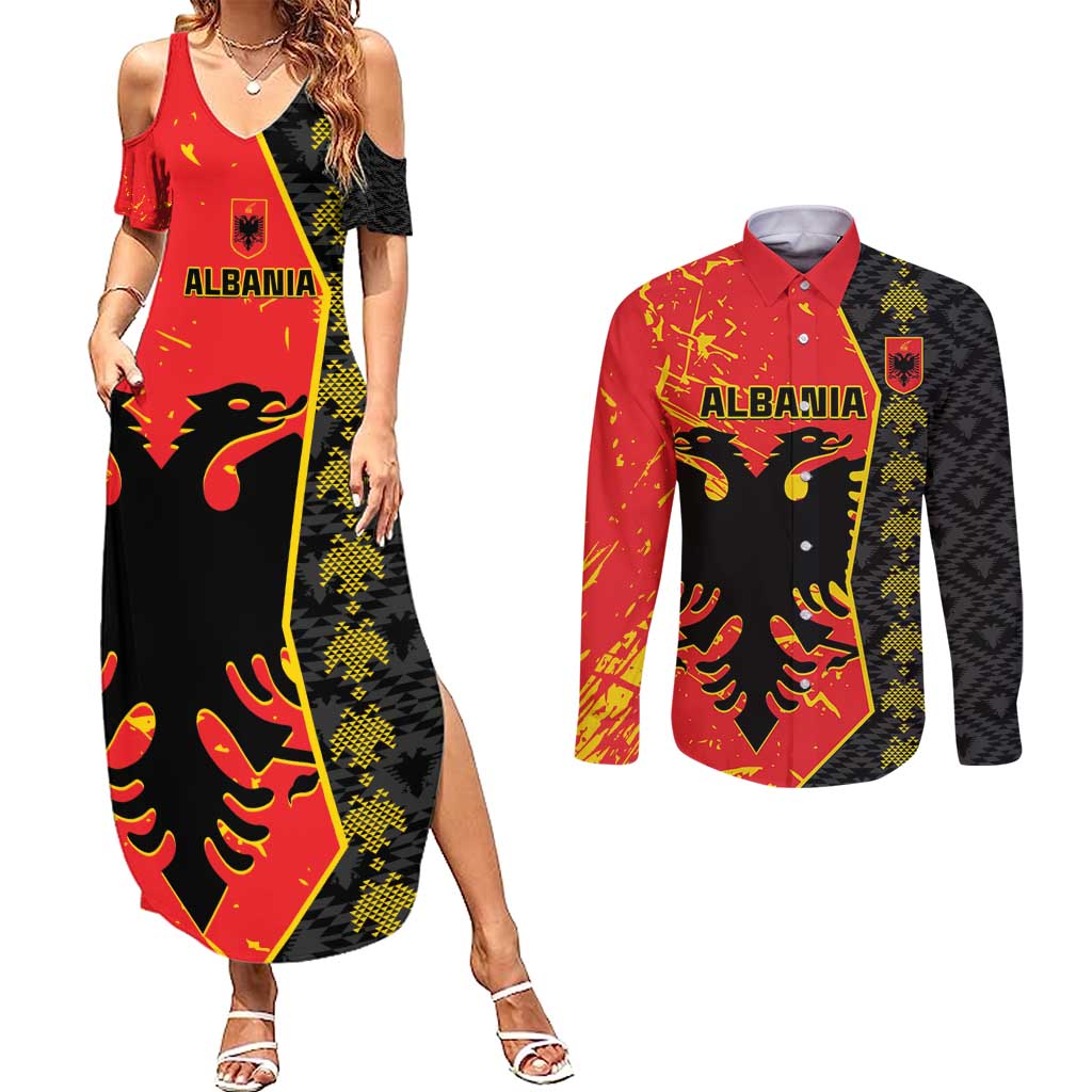 Albania Independence Day Couples Matching Summer Maxi Dress and Long Sleeve Button Shirt Albanian Proud - Flag Color - Wonder Print Shop