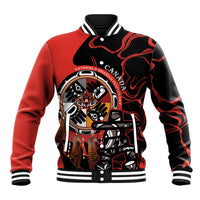 Red/black baseball jacket with front Indigenous-style graphic and snap-button front