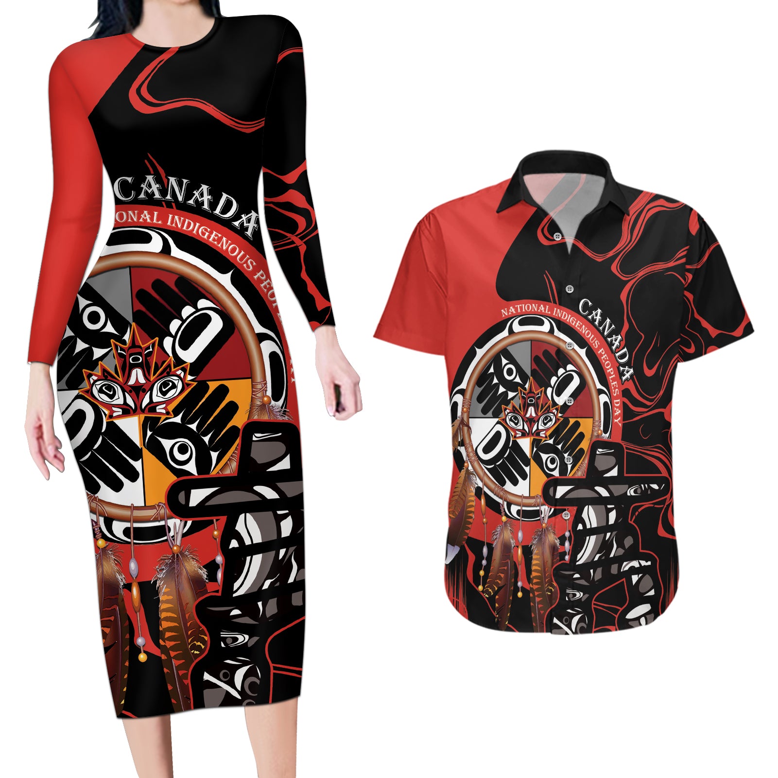 Canada National Aboriginal Day Couples Matching Long Sleeve Bodycon Dress and Hawaiian Shirt Indigenous Peoples Inuksuit With Dreamcatcher - Wonder Print Shop