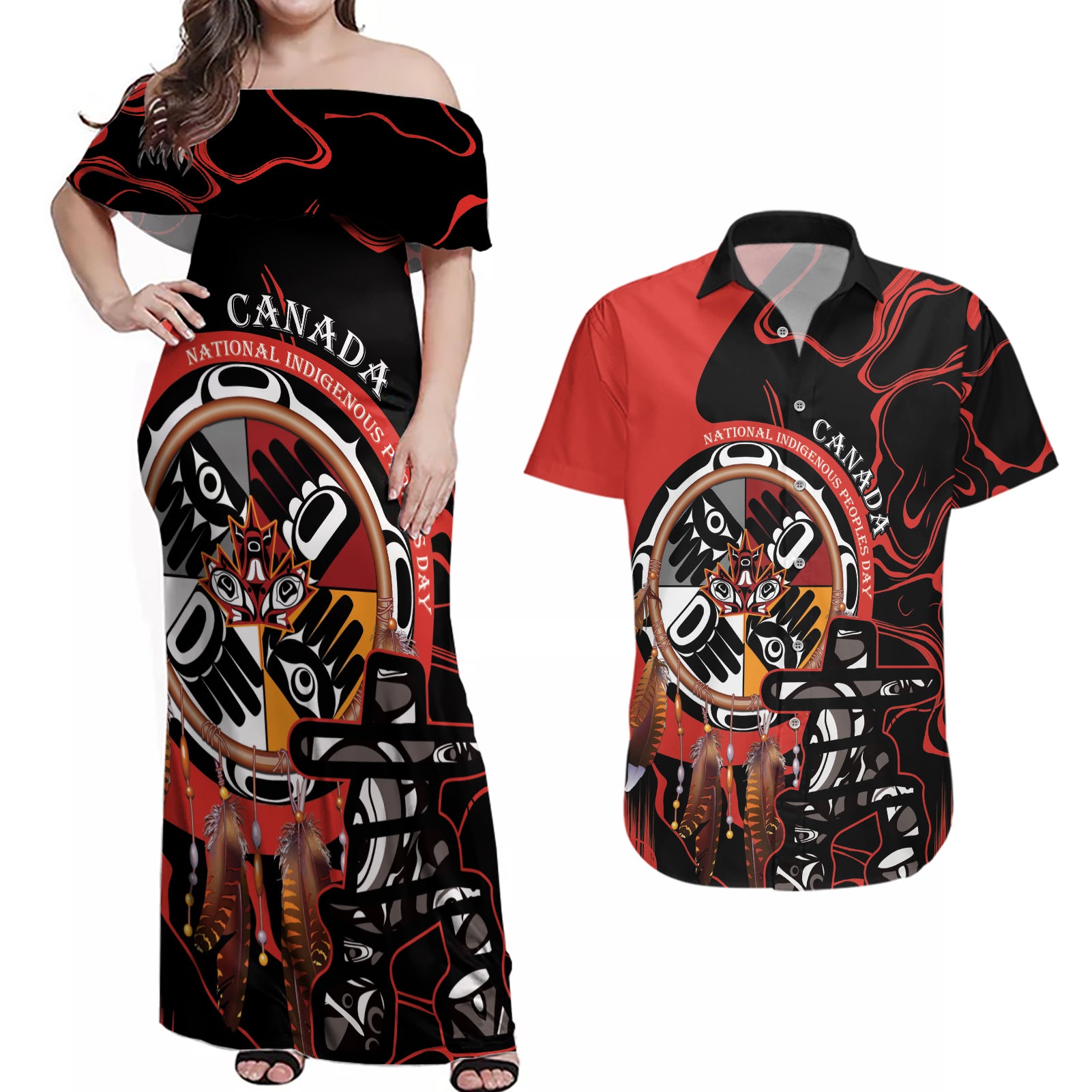 Canada National Aboriginal Day Couples Matching Off Shoulder Maxi Dress and Hawaiian Shirt Indigenous Peoples Inuksuit With Dreamcatcher - Wonder Print Shop