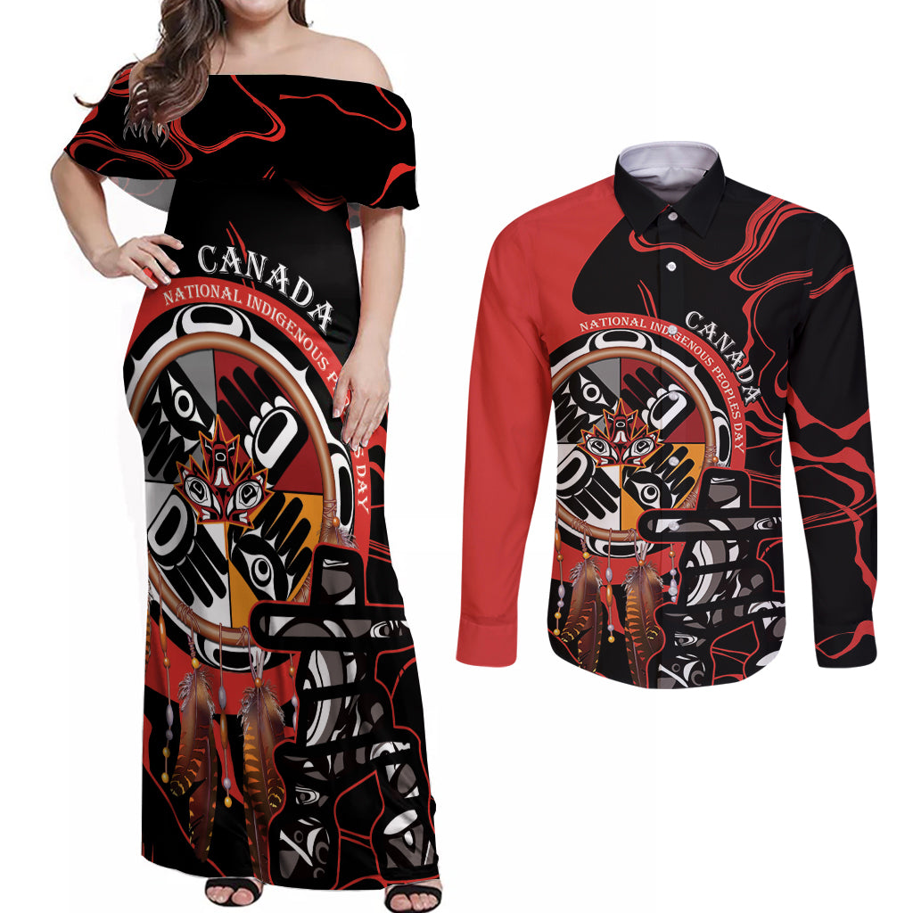 Canada National Aboriginal Day Couples Matching Off Shoulder Maxi Dress and Long Sleeve Button Shirt Indigenous Peoples Inuksuit With Dreamcatcher - Wonder Print Shop