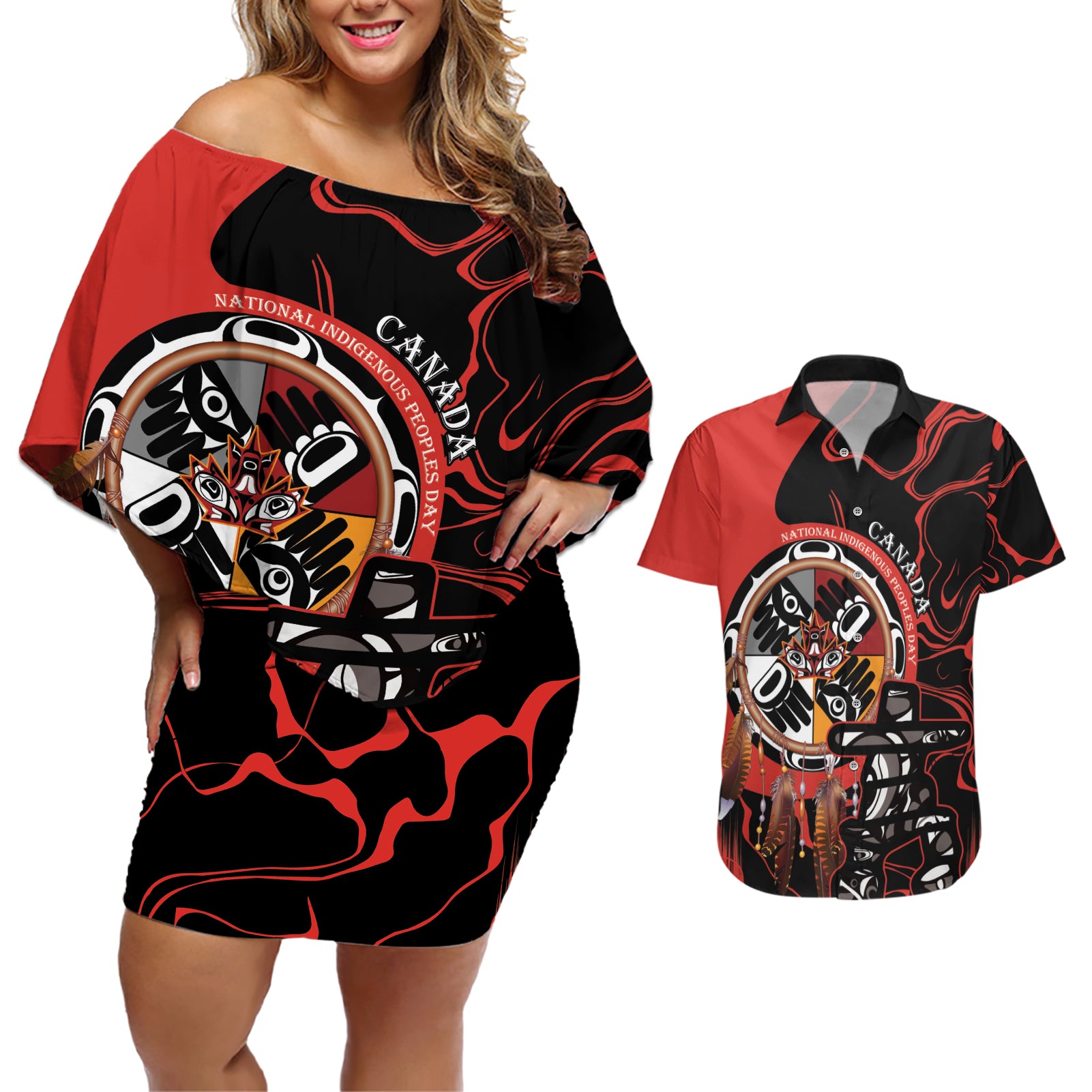 Canada National Aboriginal Day Couples Matching Off Shoulder Short Dress and Hawaiian Shirt Indigenous Peoples Inuksuit With Dreamcatcher - Wonder Print Shop