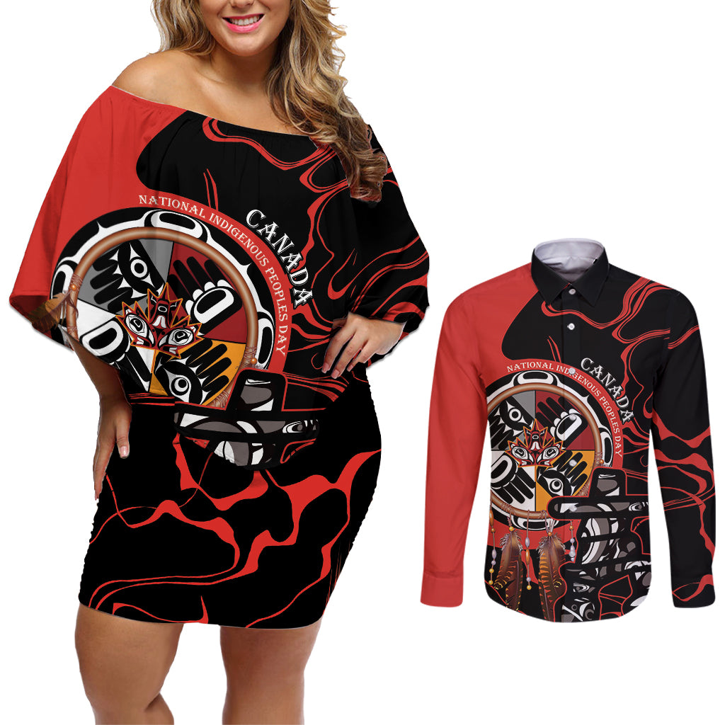 Canada National Aboriginal Day Couples Matching Off Shoulder Short Dress and Long Sleeve Button Shirt Indigenous Peoples Inuksuit With Dreamcatcher - Wonder Print Shop