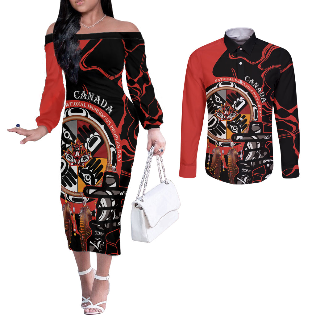 Canada National Aboriginal Day Couples Matching Off The Shoulder Long Sleeve Dress and Long Sleeve Button Shirt Indigenous Peoples Inuksuit With Dreamcatcher