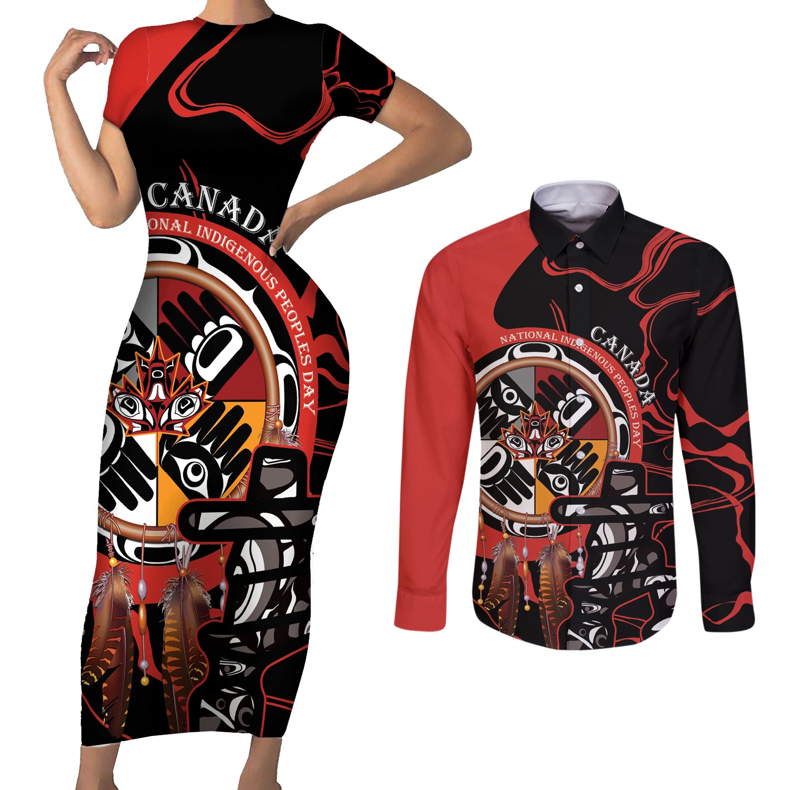 Canada National Aboriginal Day Couples Matching Short Sleeve Bodycon Dress and Long Sleeve Button Shirt Indigenous Peoples Inuksuit With Dreamcatcher - Wonder Print Shop