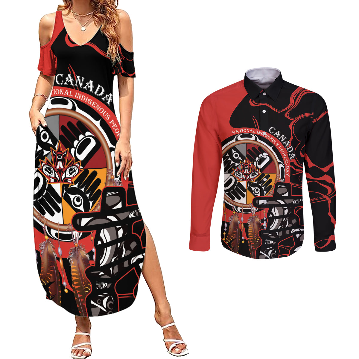 Canada National Aboriginal Day Couples Matching Summer Maxi Dress and Long Sleeve Button Shirt Indigenous Peoples Inuksuit With Dreamcatcher - Wonder Print Shop