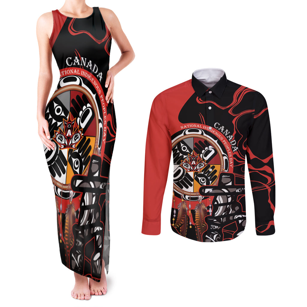 Canada National Aboriginal Day Couples Matching Tank Maxi Dress and Long Sleeve Button Shirt Indigenous Peoples Inuksuit With Dreamcatcher - Wonder Print Shop