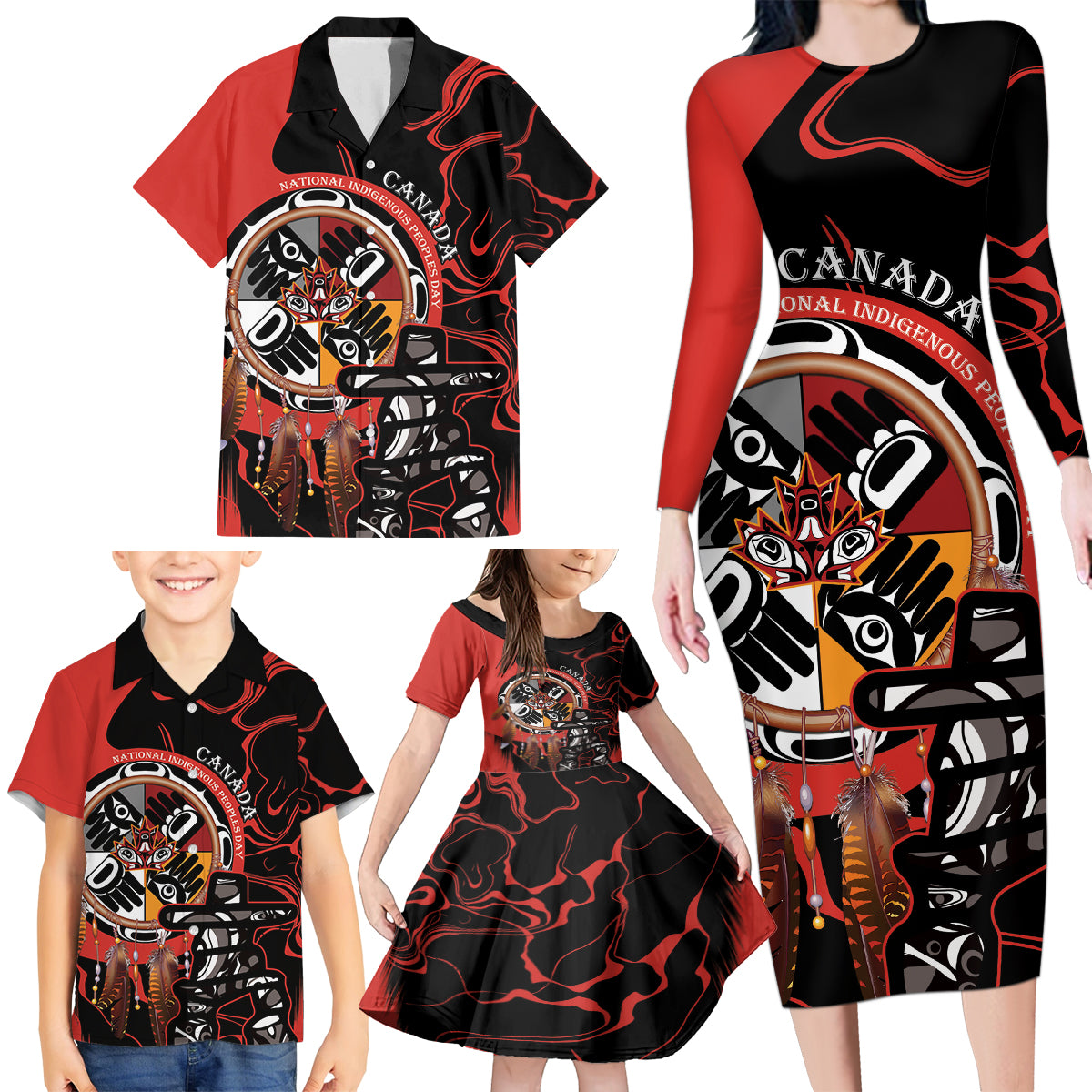 Canada National Aboriginal Day Family Matching Long Sleeve Bodycon Dress and Hawaiian Shirt Indigenous Peoples Inuksuit With Dreamcatcher - Wonder Print Shop