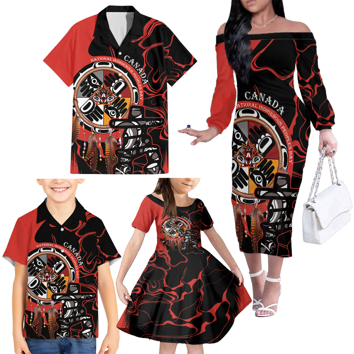 Canada National Aboriginal Day Family Matching Off The Shoulder Long Sleeve Dress and Hawaiian Shirt Indigenous Peoples Inuksuit With Dreamcatcher - Wonder Print Shop