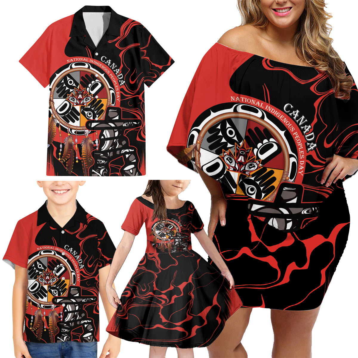 Canada National Aboriginal Day Family Matching Off Shoulder Short Dress and Hawaiian Shirt Indigenous Peoples Inuksuit With Dreamcatcher - Wonder Print Shop