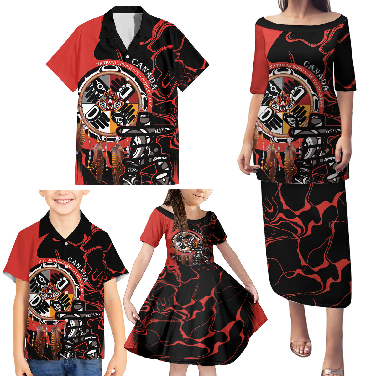 Canada National Aboriginal Day Family Matching Puletasi and Hawaiian Shirt Indigenous Peoples Inuksuit With Dreamcatcher - Wonder Print Shop